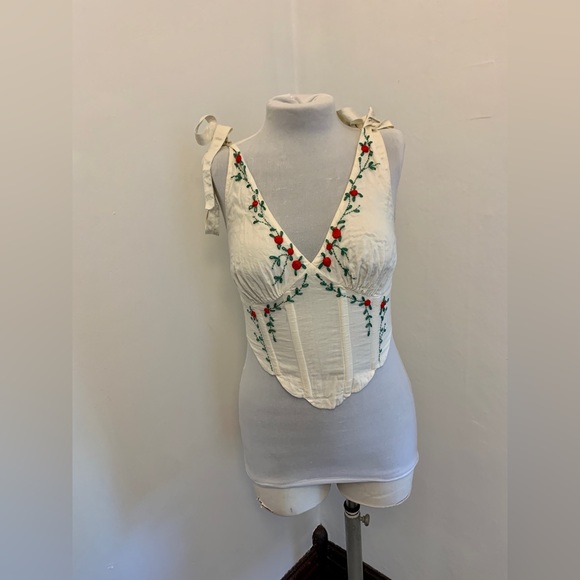 LPA Alec Top Ivory small corset embroidery tie cotton floral sexy crop Milkmaid - Picture 16 of 17